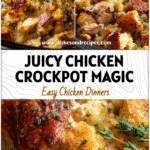 Tender chicken and golden stuffing simmering in a crock pot for an easy crockpot dinner recipe